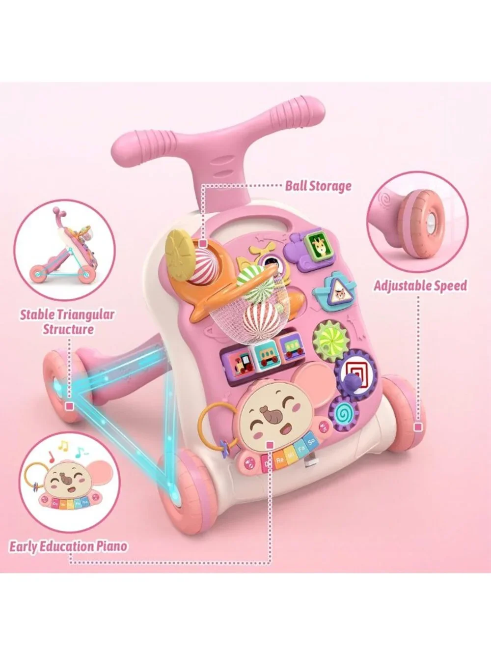 3-in-1 Baby Walker & Activity Center for Girls | Learning, Sit-to-Stand, Music